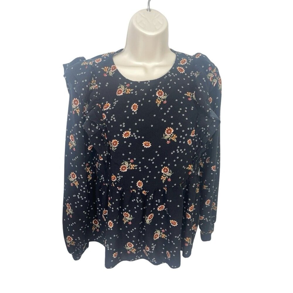 LOFT Women's Size XS Black Floral Long Sleeve Blouse Keyhole Back
